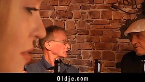English oldman fucks cute american pretty good in a pub